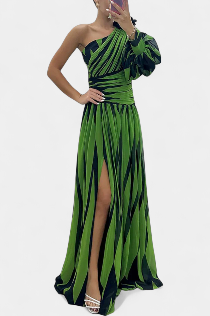 Bethania - Elegante vestito lungo a righe monospalla