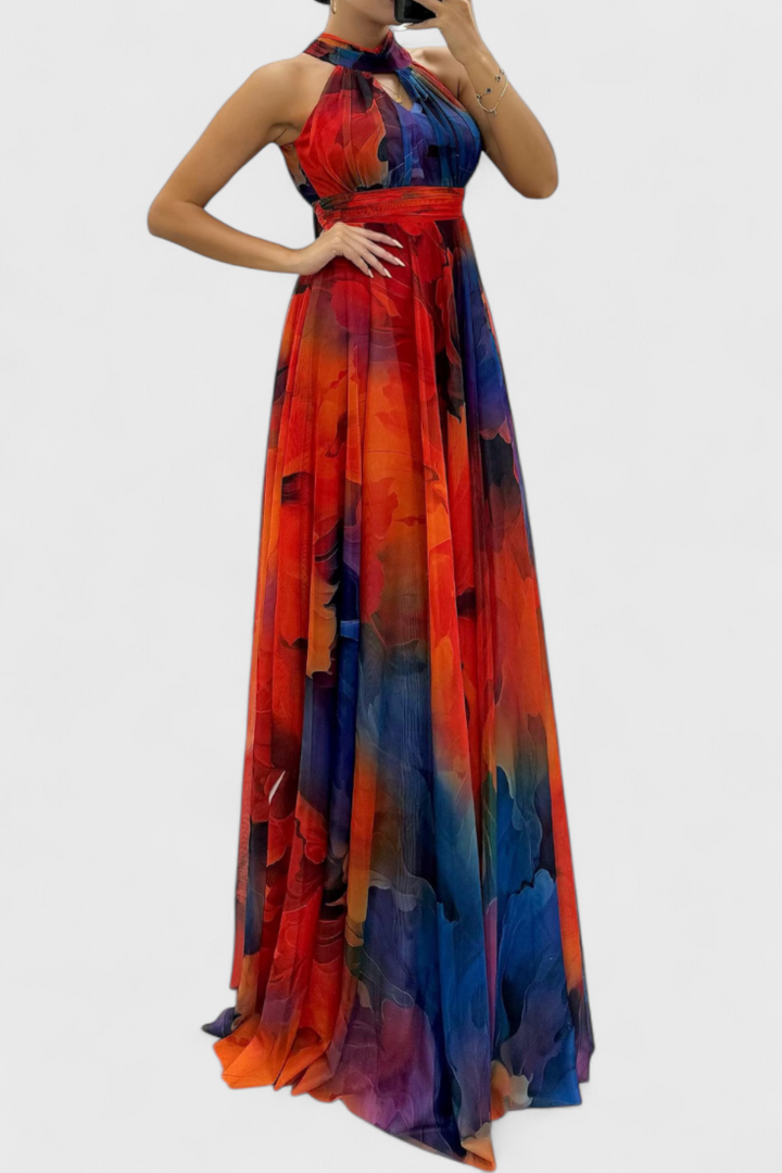 Maxi Abito in Chiffon Floreale con Scollo Annodato