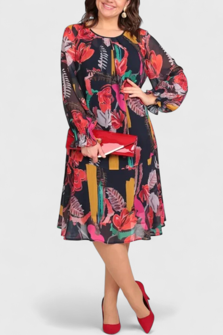 Vestito midi floreale Annegret a maniche lunghe e linea fluida