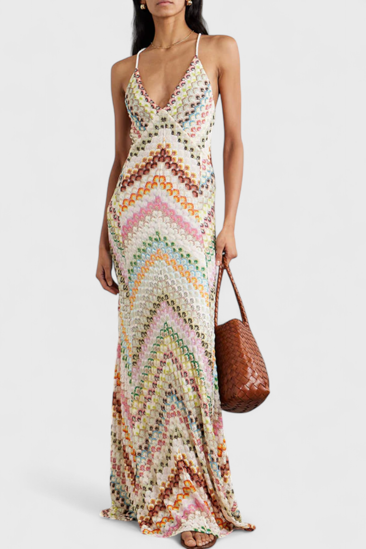 Agustina Abito lungo in pizzo con scollo a V e motivo a zig zag