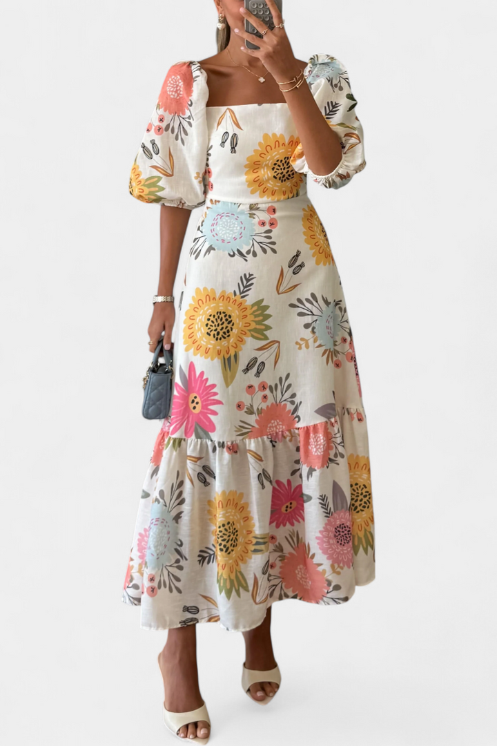 Abito midi floreale Kacey con maniche a sbuffo