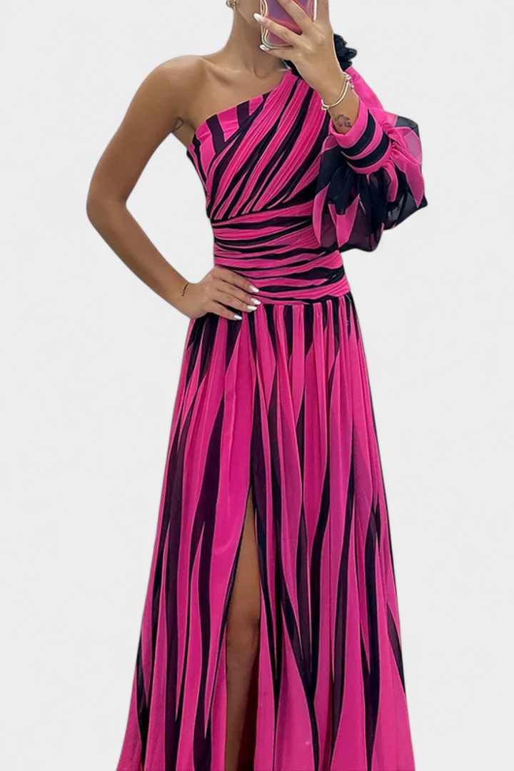 Bethania - Elegante vestito lungo a righe monospalla