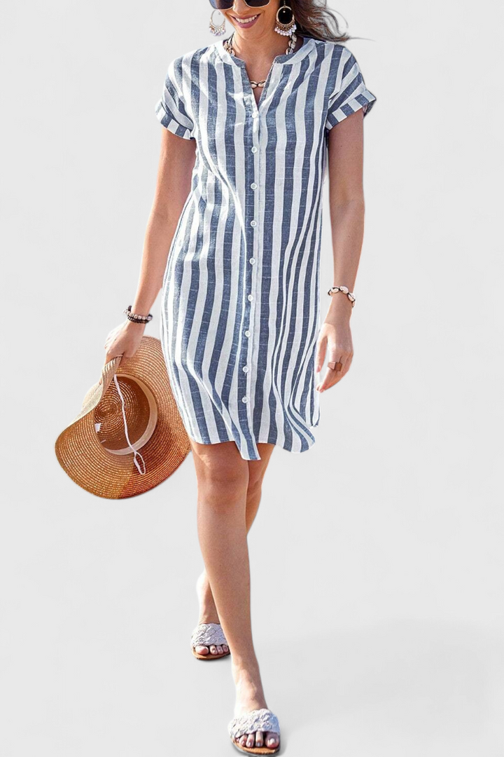 Abito camicia in lino a righe Sandrine con bottoni
