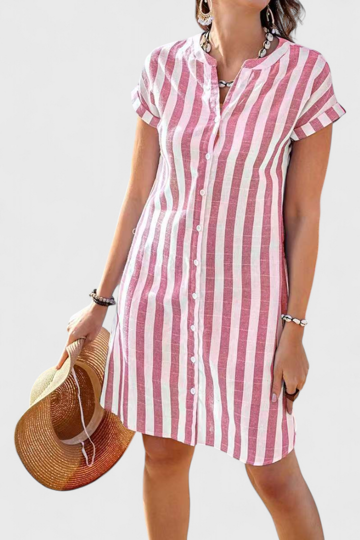 Abito camicia in lino a righe Sandrine con bottoni
