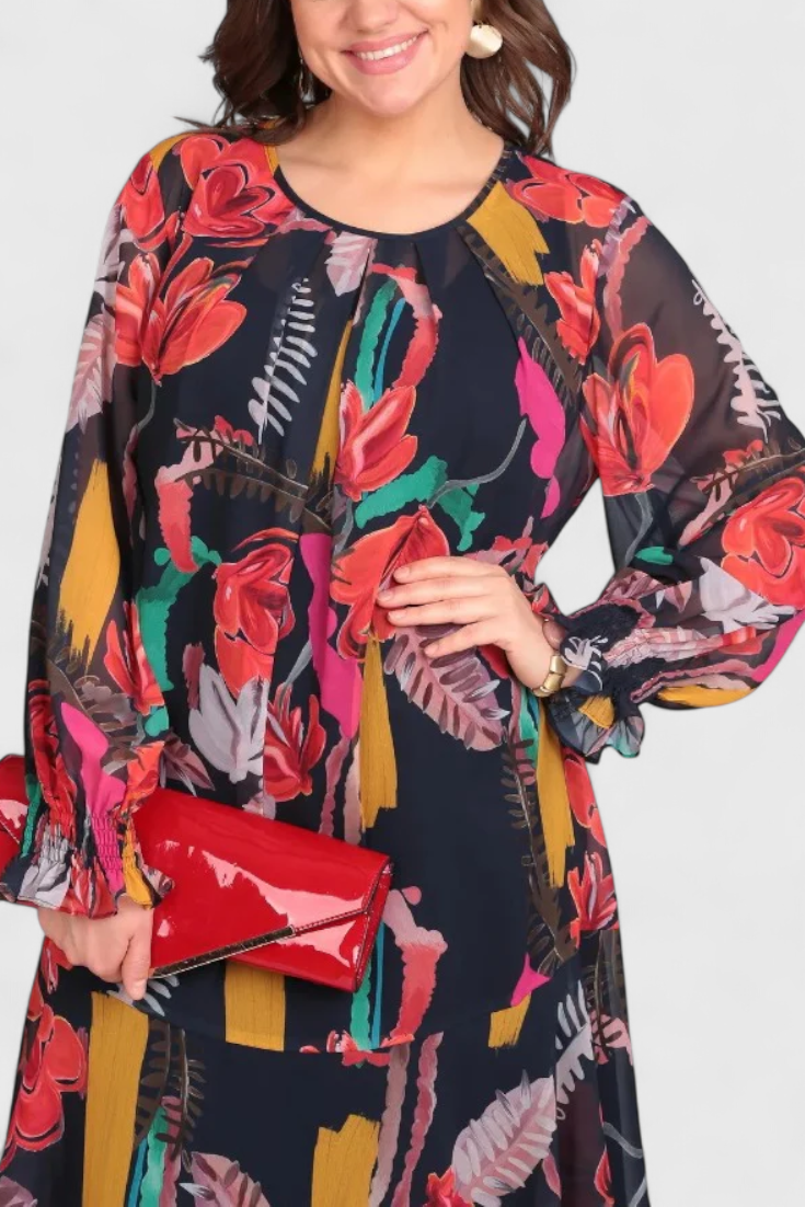 Vestito midi floreale Annegret a maniche lunghe e linea fluida