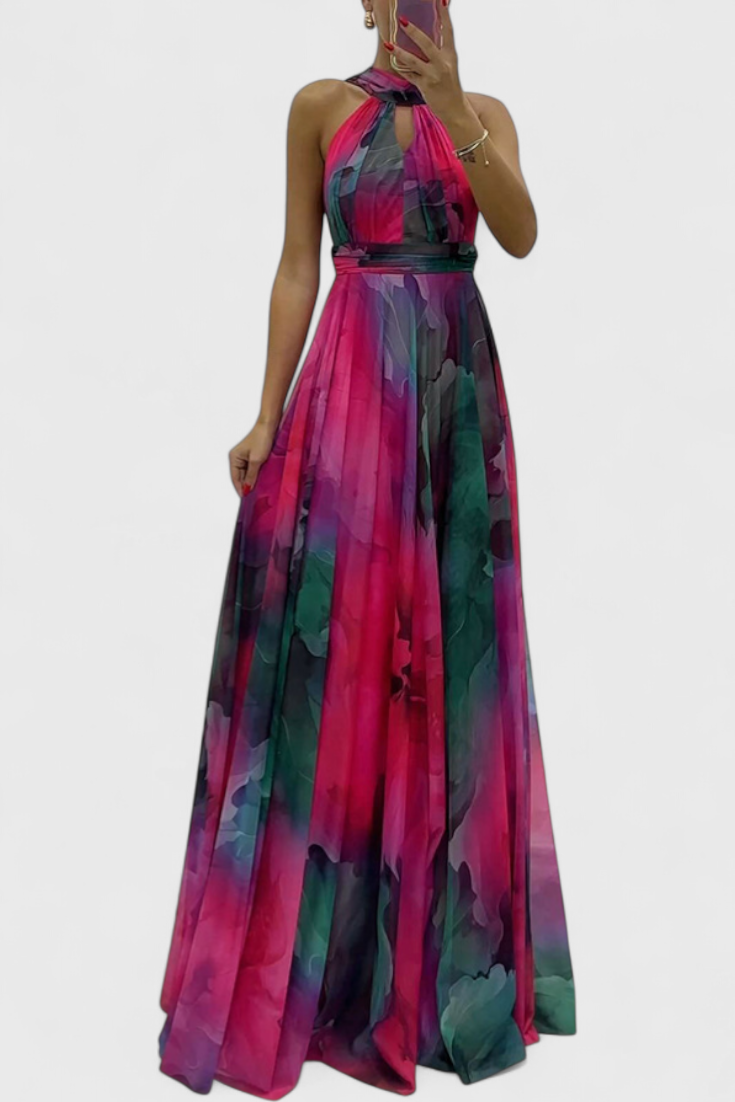 Maxi Abito in Chiffon Floreale con Scollo Annodato