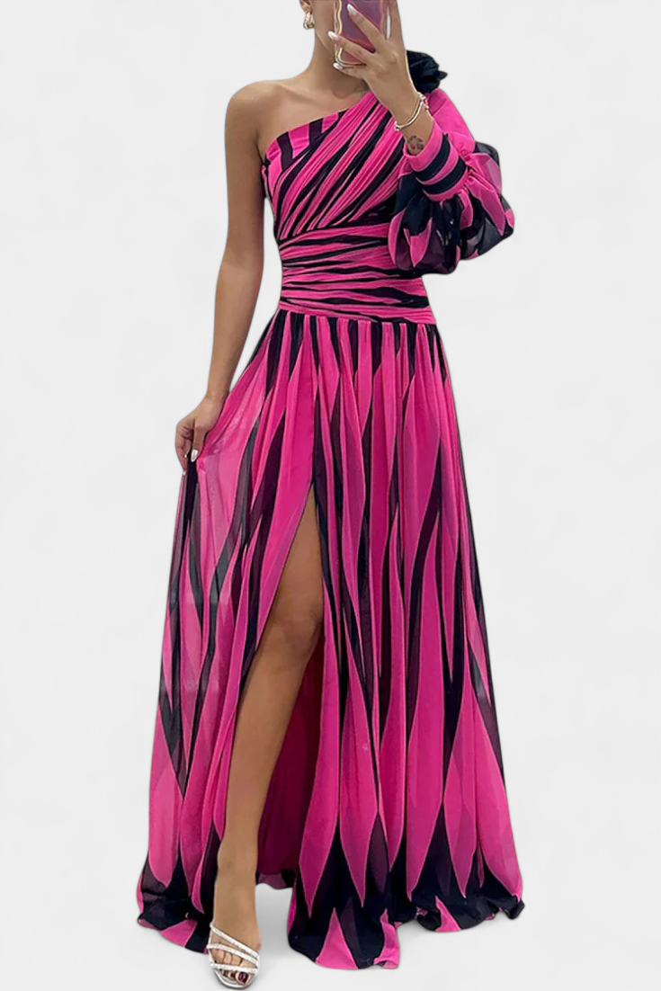 Bethania - Elegante vestito lungo a righe monospalla