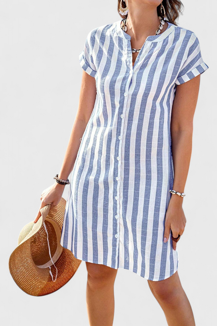 Abito camicia in lino a righe Sandrine con bottoni