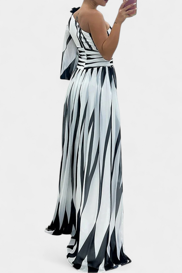 Bethania - Elegante vestito lungo a righe monospalla