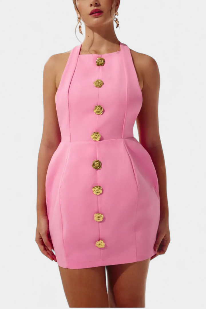 Yvonne Mini Dress with Tie Neck, Open Back and Floral Detail