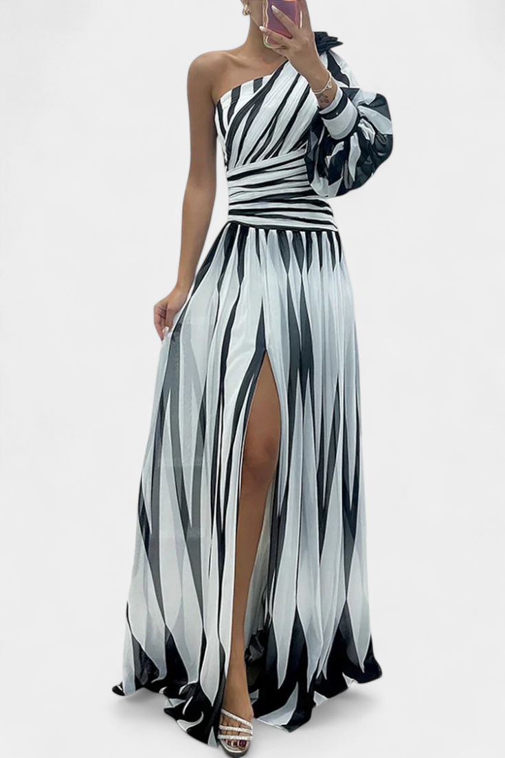Bethania - Elegante vestito lungo a righe monospalla