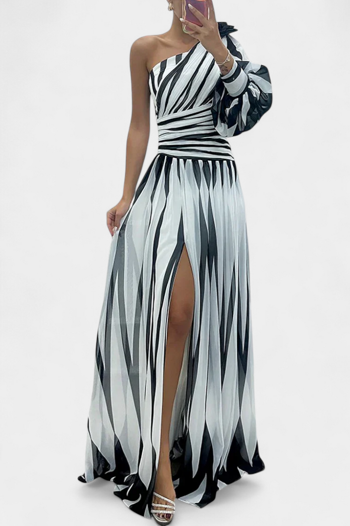 Bethania - Elegante vestito lungo a righe monospalla