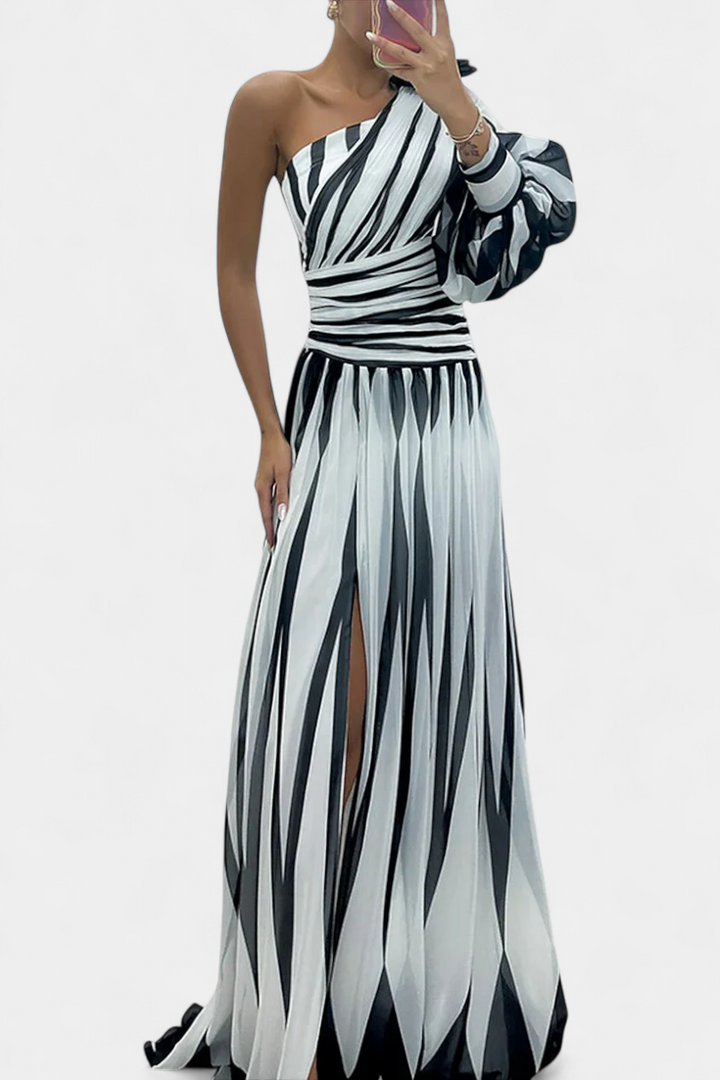 Bethania - Elegante vestito lungo a righe monospalla