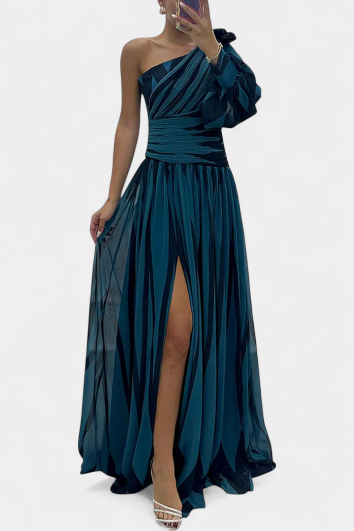Bethania - Elegante vestito lungo a righe monospalla