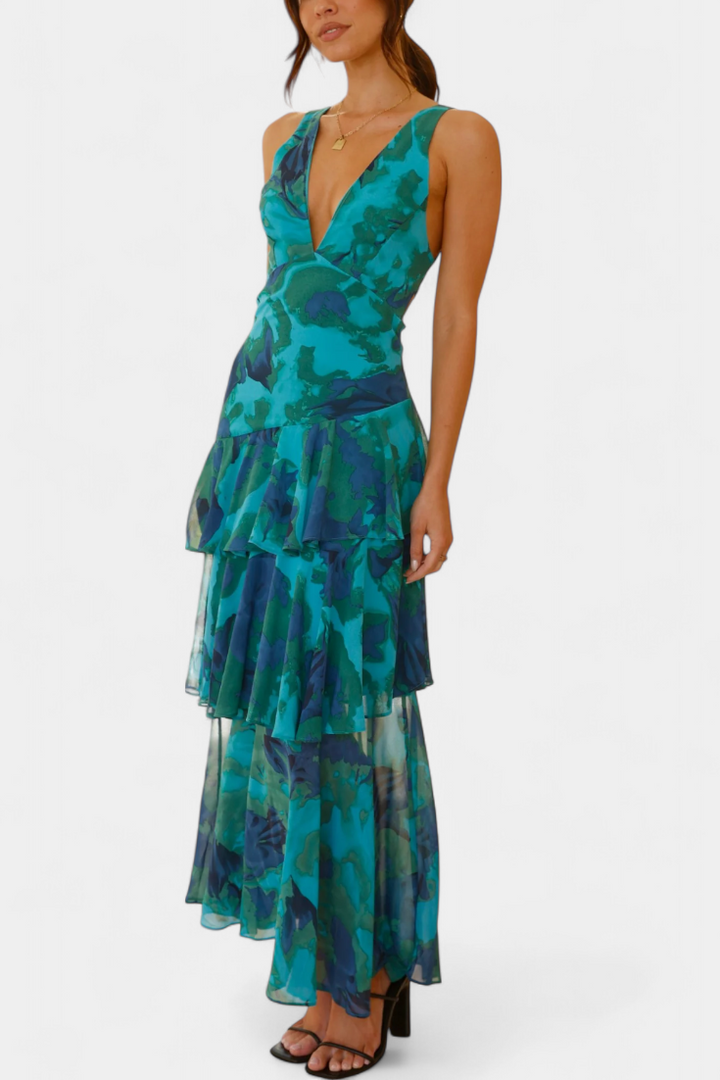 Domenica Chiffon Dress with V-Neckline and Airy Layers