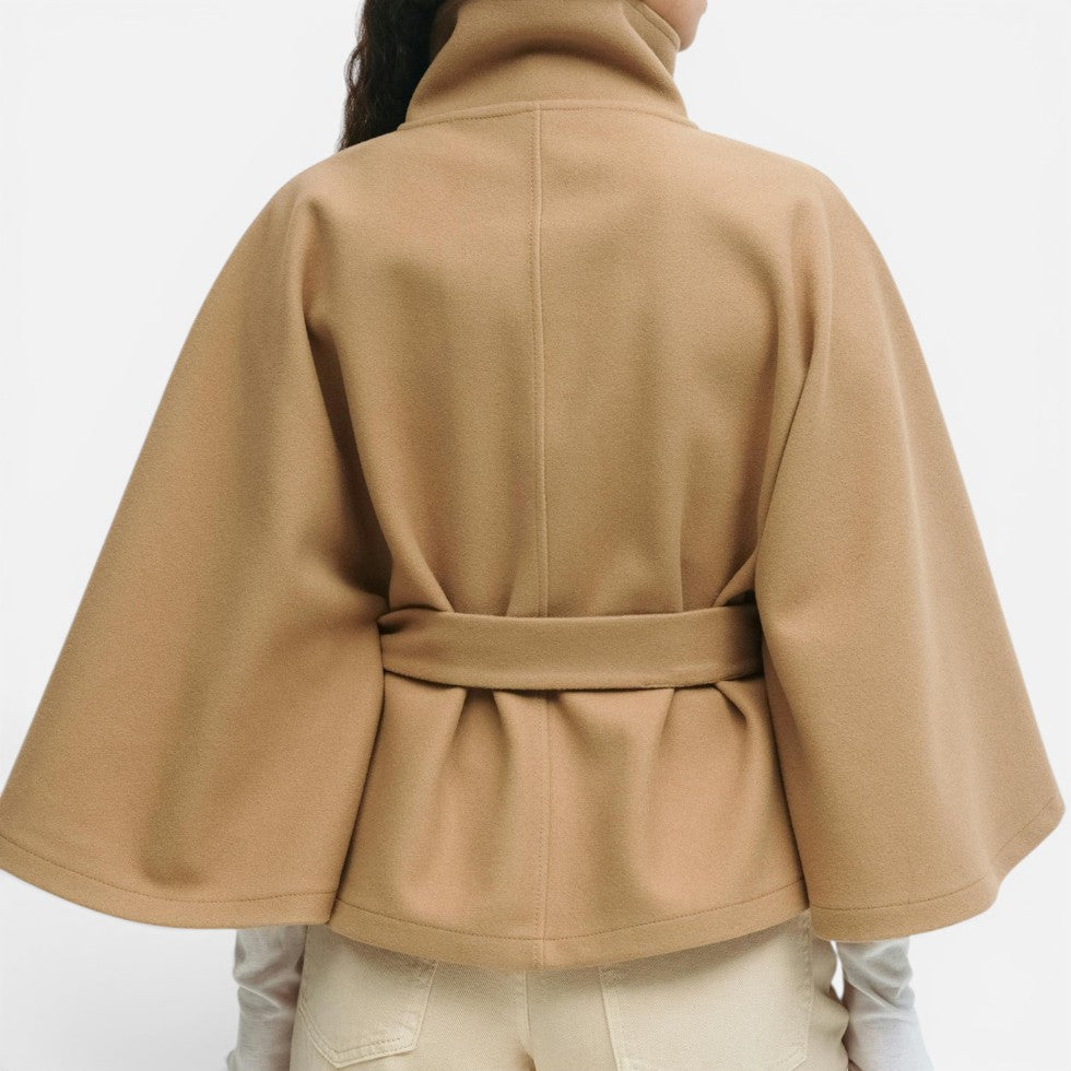Elegant Wool Blend Poncho for Women with High Neck Cape Sleeve Belted Button Front Style
