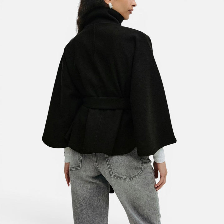 Elegant Wool Blend Poncho for Women with High Neck Cape Sleeve Belted Button Front Style