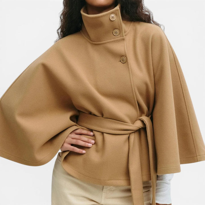 Elegant Wool Blend Poncho for Women with High Neck Cape Sleeve Belted Button Front Style