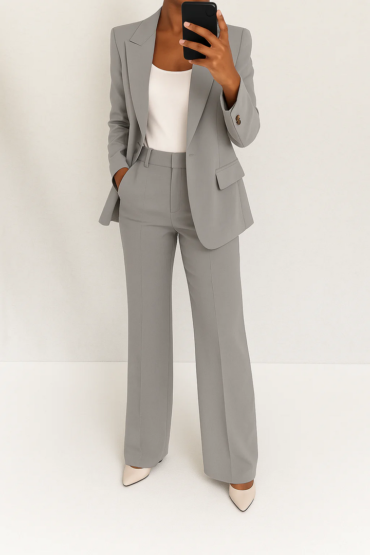 Elegant Two Piece Set for Women with Single Button Blazer Wide Leg Pants Tailored Formal Style