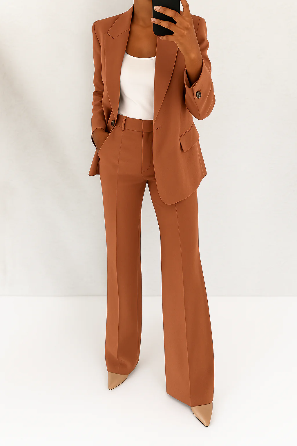 Elegant Two Piece Set for Women with Single Button Blazer Wide Leg Pants Tailored Formal Style