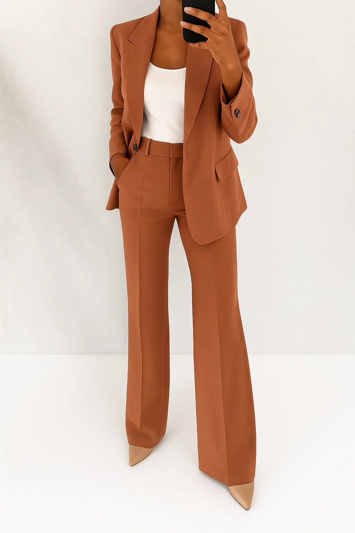 Elegant Two Piece Set for Women with Single Button Blazer Wide Leg Pants Tailored Formal Style