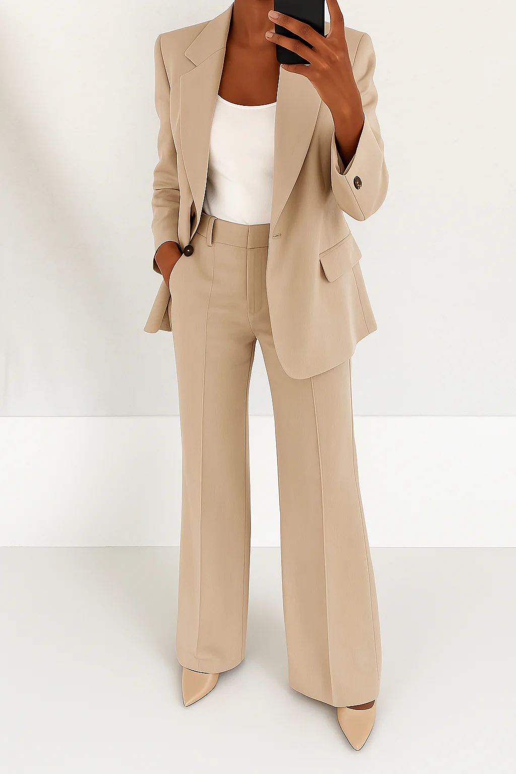 Elegant Two Piece Set for Women with Single Button Blazer Wide Leg Pants Tailored Formal Style