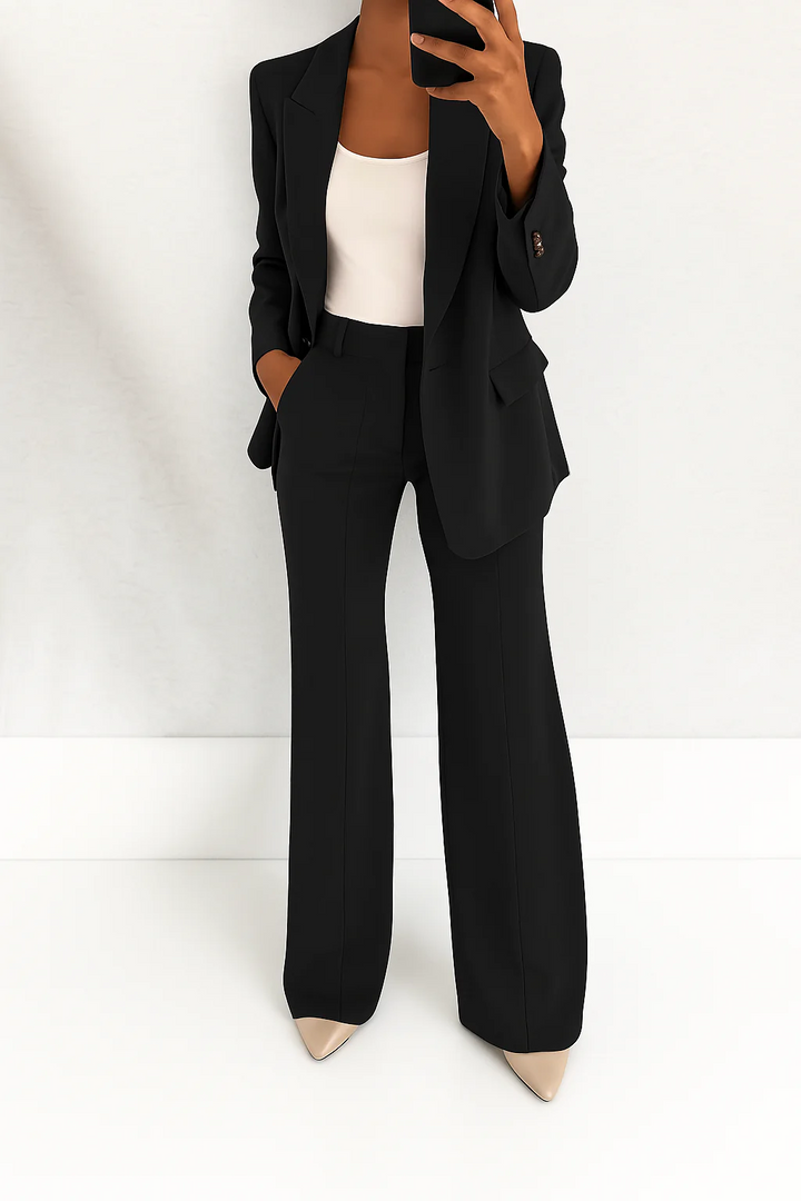 Elegant Two Piece Set for Women with Single Button Blazer Wide Leg Pants Tailored Formal Style