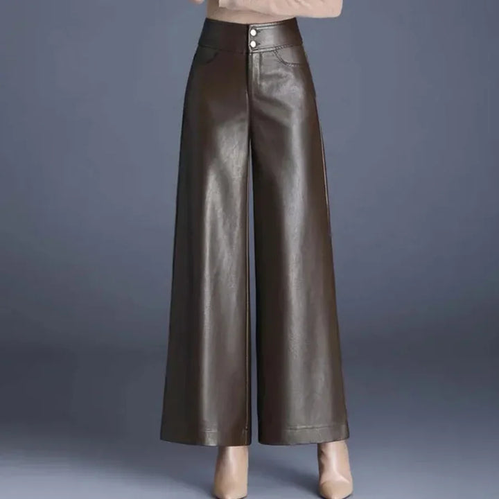 Faux Leather Wide Leg Pants for Women – High Waisted Leather Look Trousers with Button Fly, Fall Office and Evening Pants