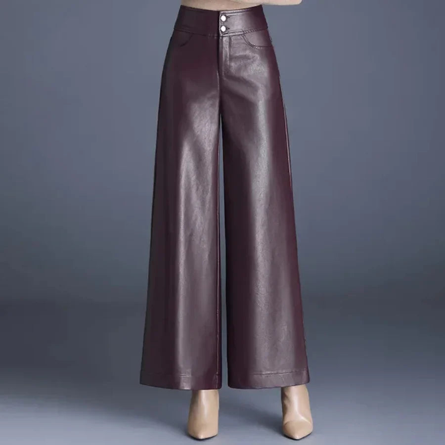 Faux Leather Wide Leg Pants for Women – High Waisted Leather Look Trousers with Button Fly, Fall Office and Evening Pants
