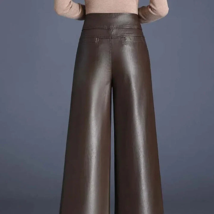 Faux Leather Wide Leg Pants for Women – High Waisted Leather Look Trousers with Button Fly, Fall Office and Evening Pants