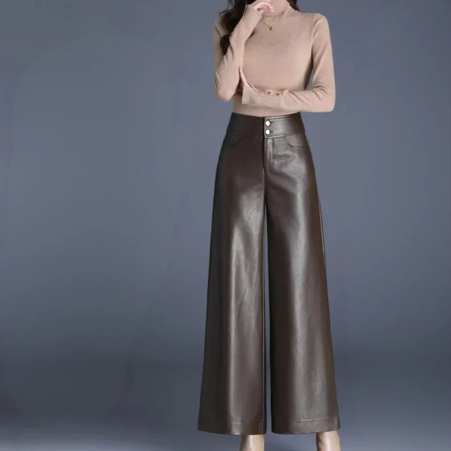 Faux Leather Wide Leg Pants for Women – High Waisted Leather Look Trousers with Button Fly, Fall Office and Evening Pants