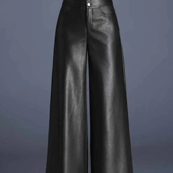 Faux Leather Wide Leg Pants for Women – High Waisted Leather Look Trousers with Button Fly, Fall Office and Evening Pants