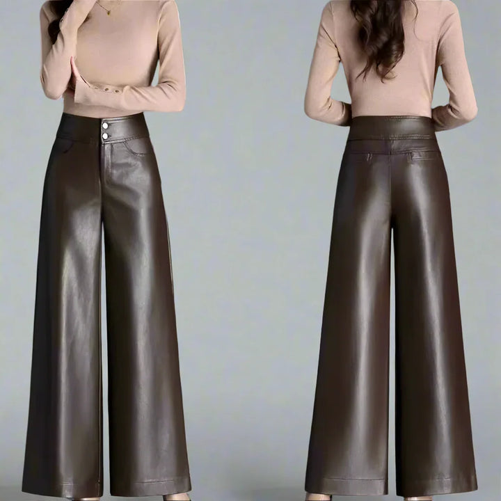 Faux Leather Wide Leg Pants for Women – High Waisted Leather Look Trousers with Button Fly, Fall Office and Evening Pants