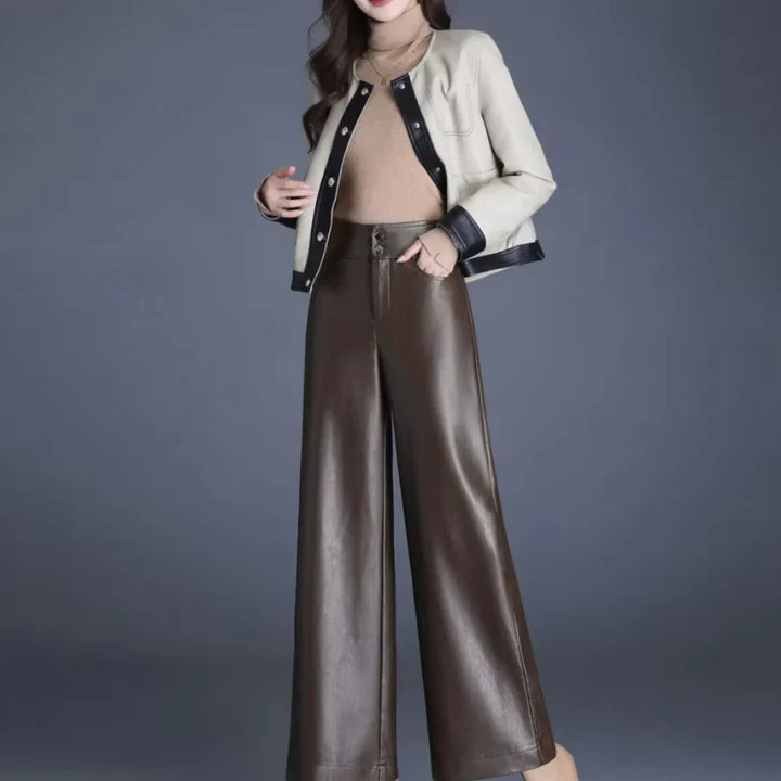 Faux Leather Wide Leg Pants for Women – High Waisted Leather Look Trousers with Button Fly, Fall Office and Evening Pants