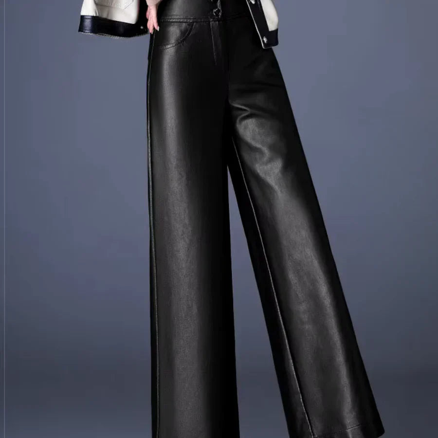 Faux Leather Wide Leg Pants for Women – High Waisted Leather Look Trousers with Button Fly, Fall Office and Evening Pants