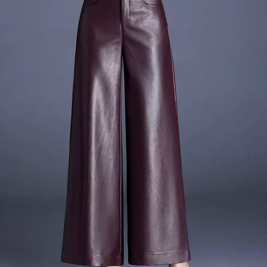 Faux Leather Wide Leg Pants for Women – High Waisted Leather Look Trousers with Button Fly, Fall Office and Evening Pants