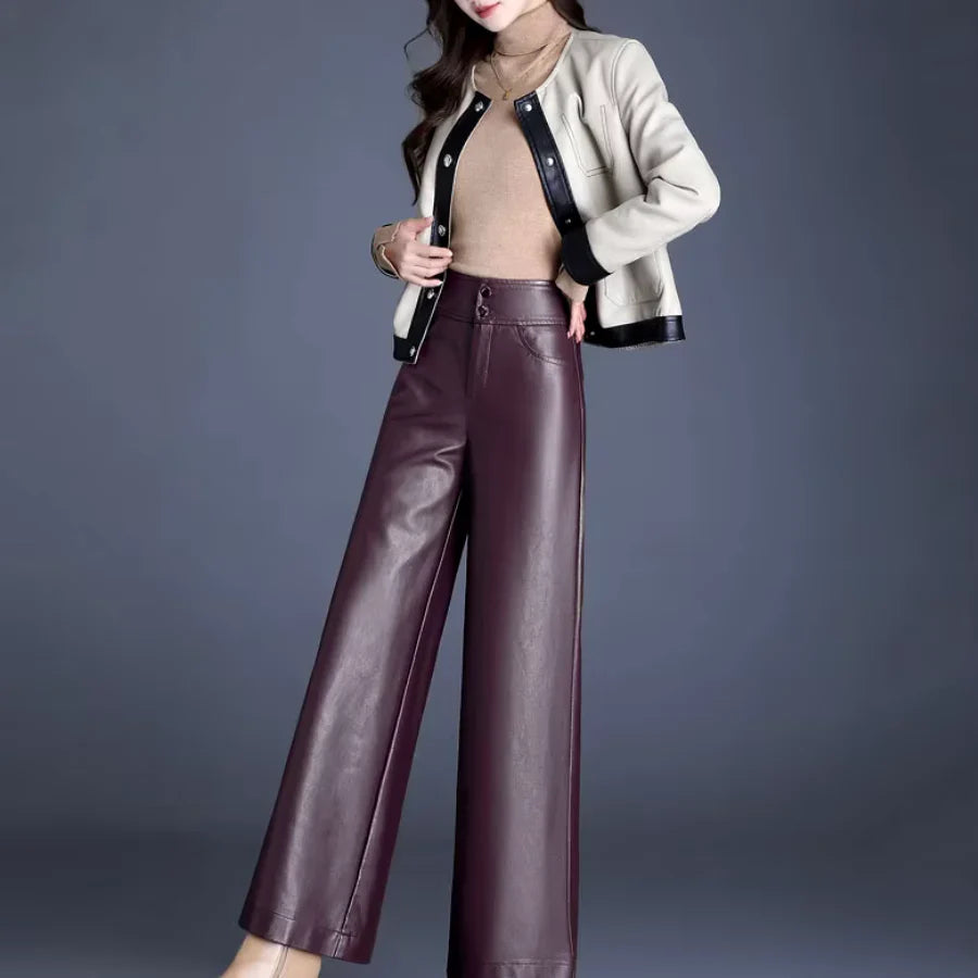 Faux Leather Wide Leg Pants for Women – High Waisted Leather Look Trousers with Button Fly, Fall Office and Evening Pants