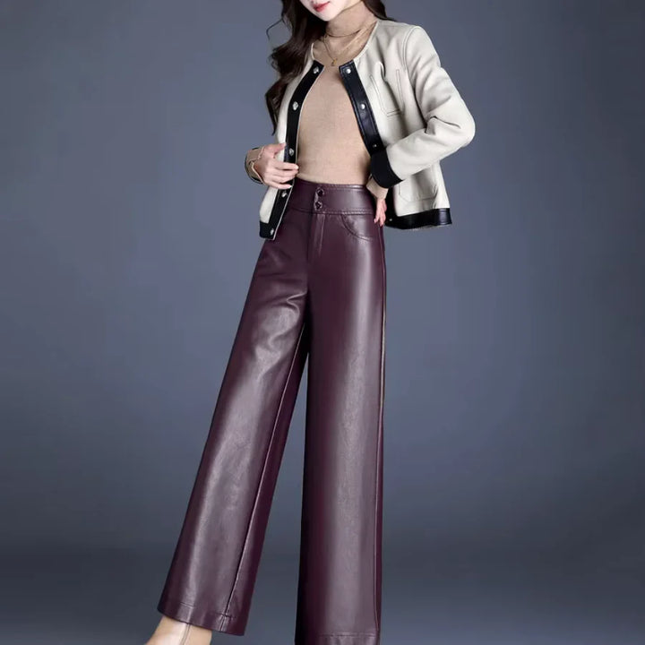 Faux Leather Wide Leg Pants for Women – High Waisted Leather Look Trousers with Button Fly, Fall Office and Evening Pants
