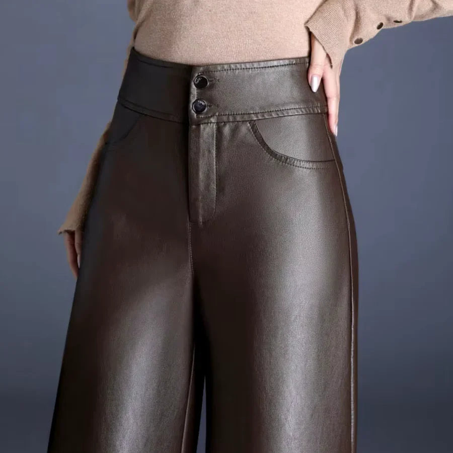 Faux Leather Wide Leg Pants for Women – High Waisted Leather Look Trousers with Button Fly, Fall Office and Evening Pants