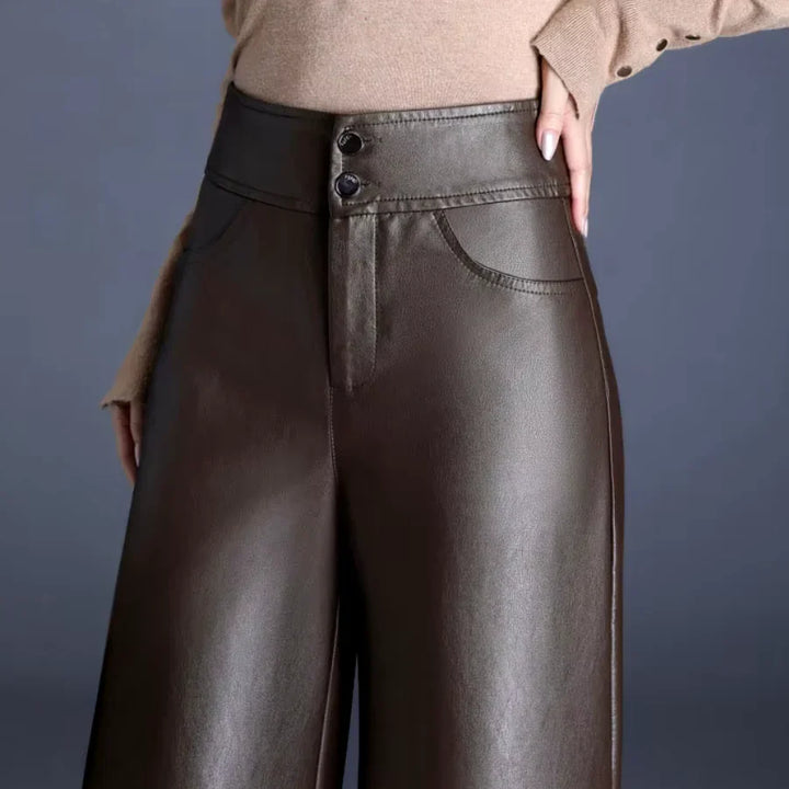 Faux Leather Wide Leg Pants for Women – High Waisted Leather Look Trousers with Button Fly, Fall Office and Evening Pants