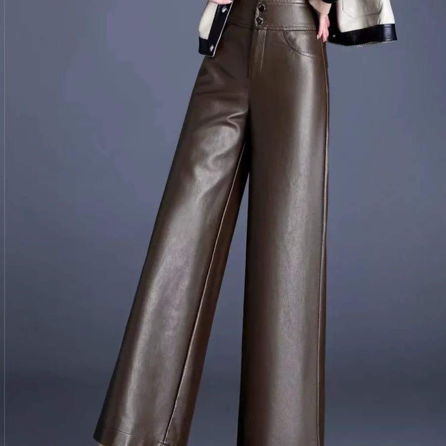 Faux Leather Wide Leg Pants for Women – High Waisted Leather Look Trousers with Button Fly, Fall Office and Evening Pants