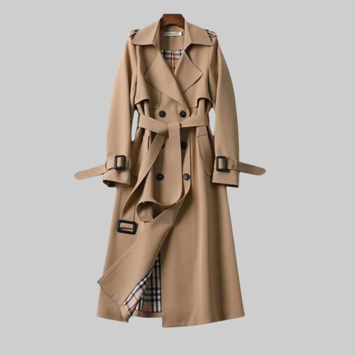 Elegant Trench Coat for Women with Lapel Collar Belted Waist Double Breasted Longline Style