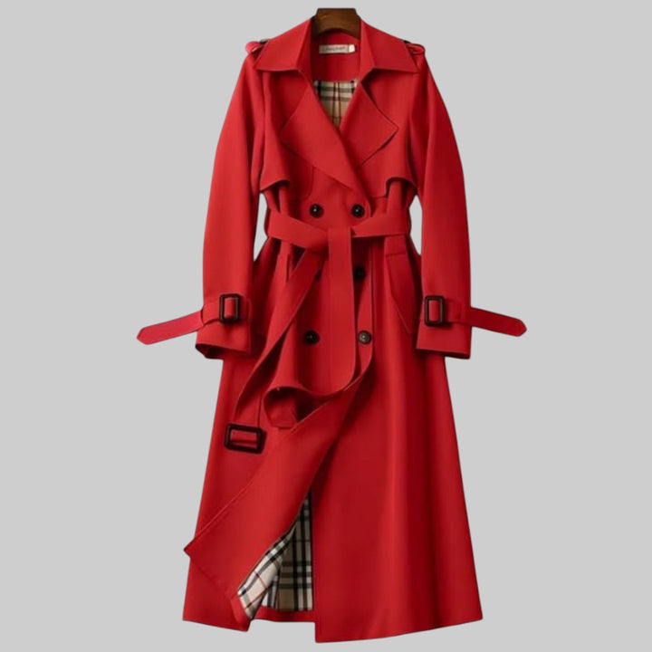 Elegant Trench Coat for Women with Lapel Collar Belted Waist Double Breasted Longline Style
