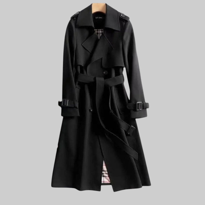 Elegant Trench Coat for Women with Lapel Collar Belted Waist Double Breasted Longline Style