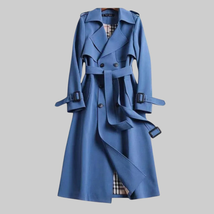 Elegant Trench Coat for Women with Lapel Collar Belted Waist Double Breasted Longline Style