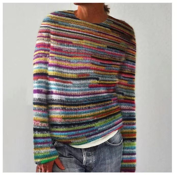 Comfortable Grey Fair Isle Sweater for Women with Crew Neck Long Sleeve Relaxed Oversized Knit Style