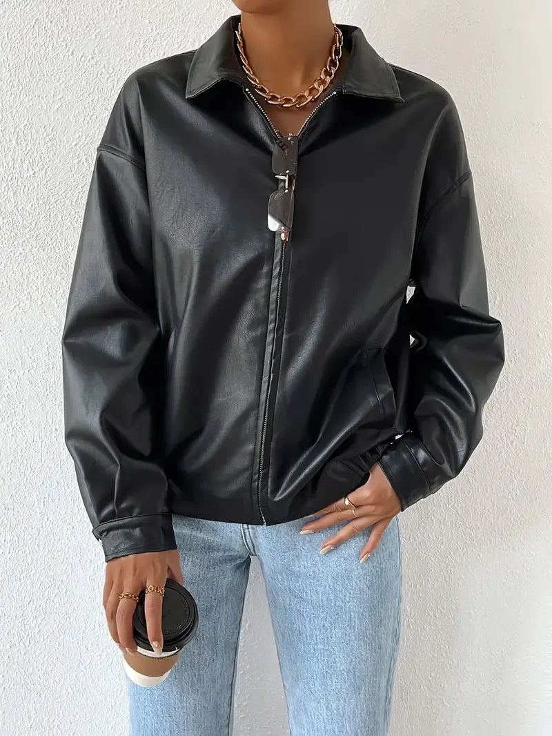 Giacca da donna in ecopelle nera senza sforzo con colletto, maniche lunghe, chiusura lampo frontale, stile casual