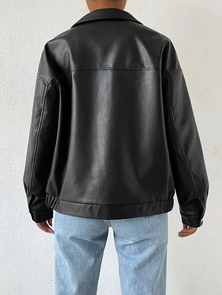 Giacca da donna in ecopelle nera senza sforzo con colletto, maniche lunghe, chiusura lampo frontale, stile casual