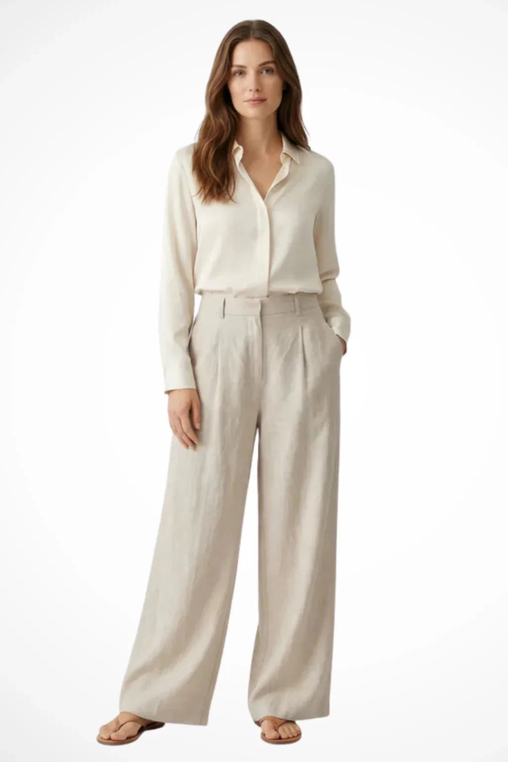 Wide Leg Trousers for Women – High Waisted Pleated Linen Pants with Side Pockets, Relaxed Fit Cropped Office Pants