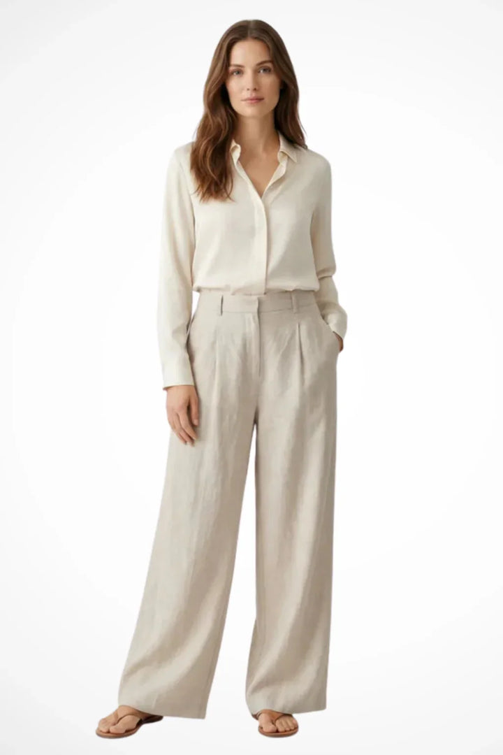 Wide Leg Trousers for Women – High Waisted Pleated Linen Pants with Side Pockets, Relaxed Fit Cropped Office Pants